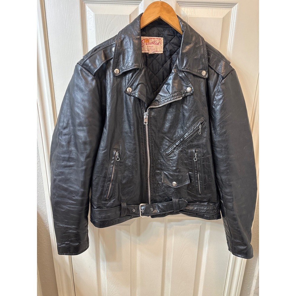Excelled Leather Motor Jacket Mens 46T Black Biker Belted Bomber USA Made VTG